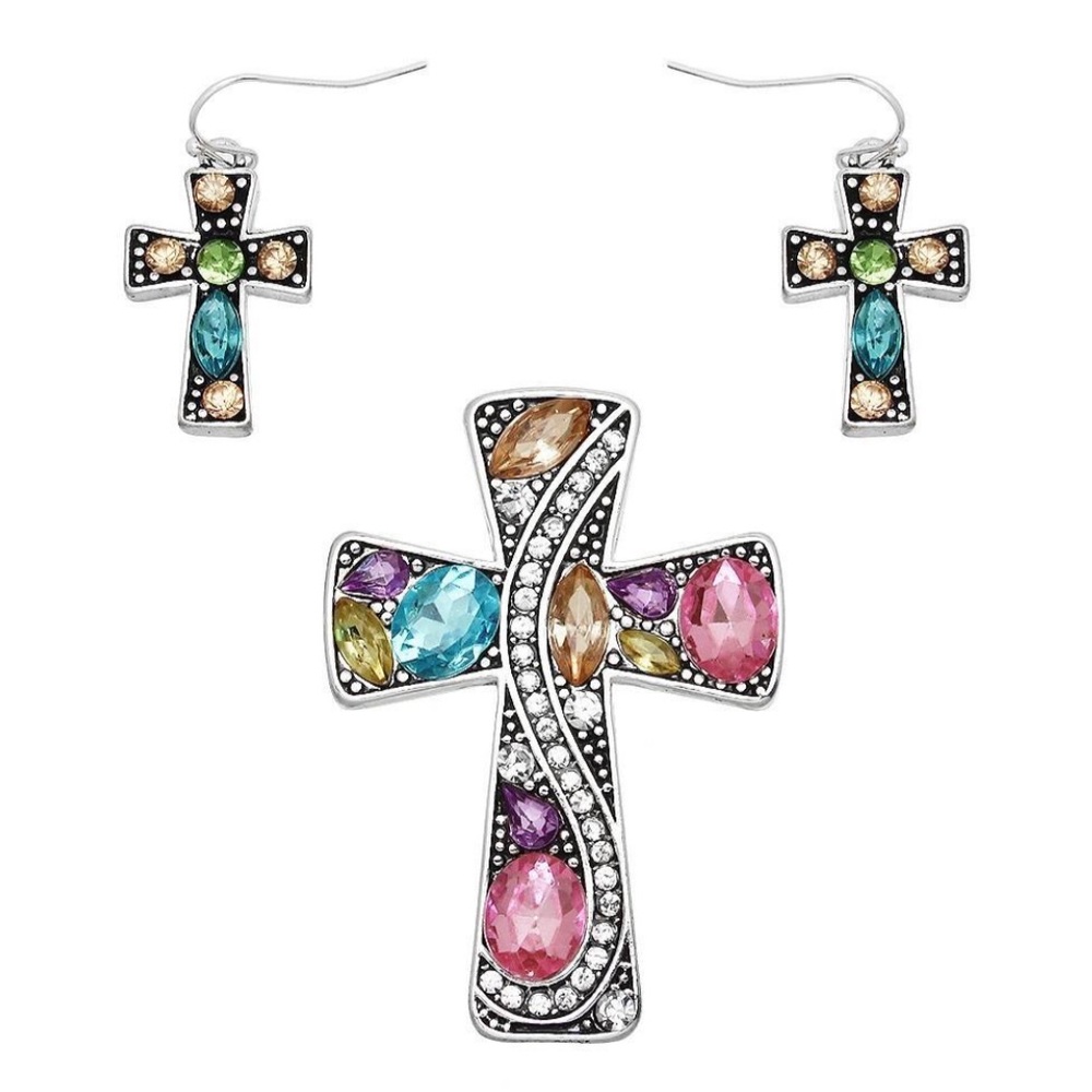 Cross Pendant Earring Necklace Set Crystals